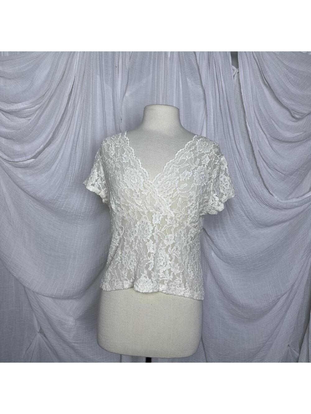 Preppy Cottage Coquette White Lace See Through Short Sleeve Top Size L-XL